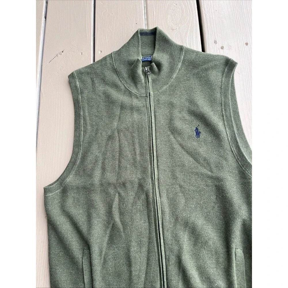 POLO Ralph Lauren Men's Knit Sweater Vest Full Zipper Cotton Green Size Large